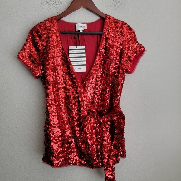 Sezane Olympia Sequin Blouse in Red size 36 NWT - Picture 1 of 8